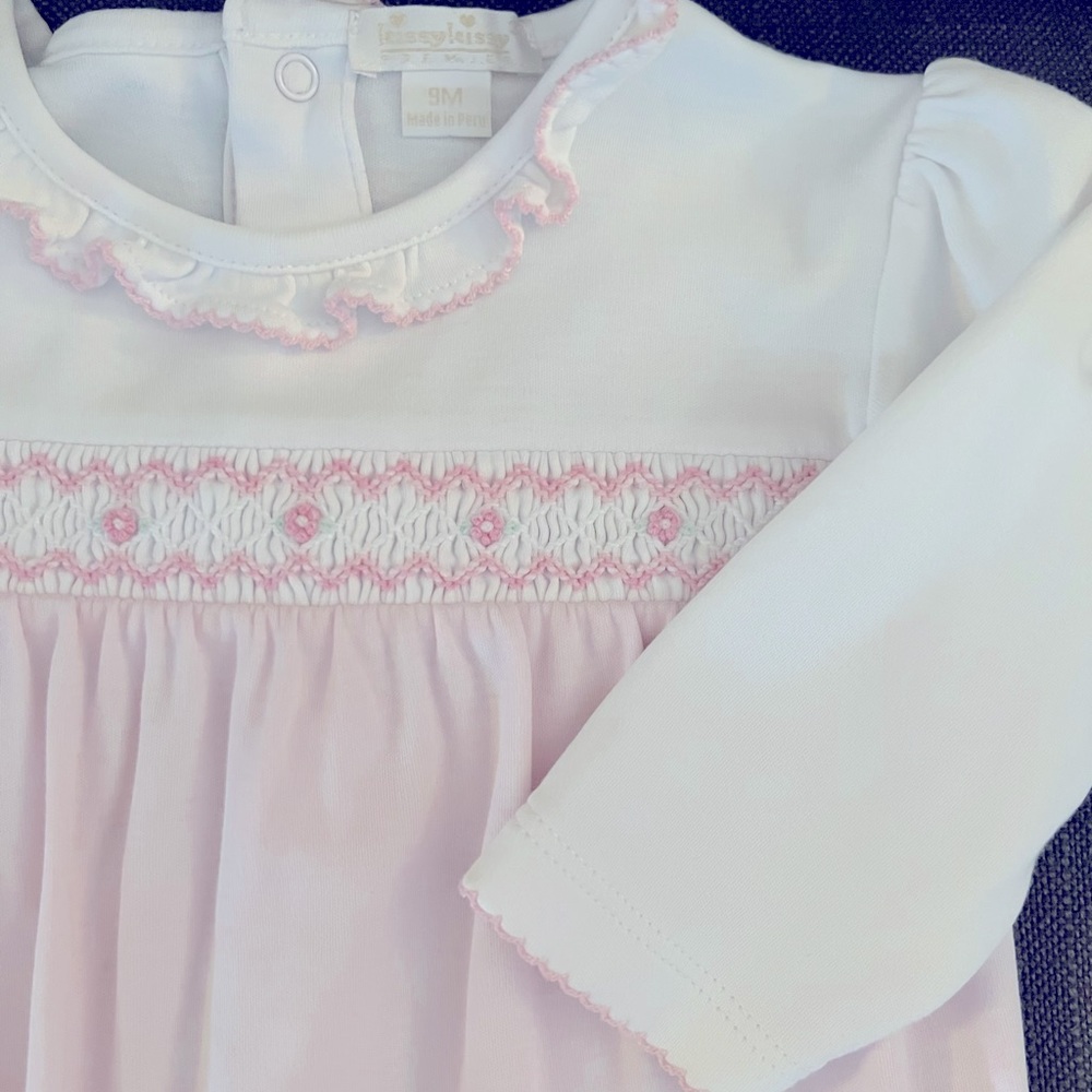 Premiere Kissy Kissy Smocked footie in Pima cotton, size 9 months